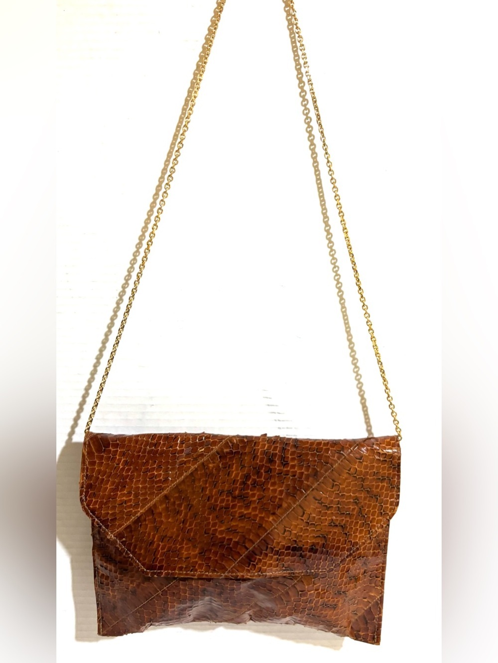 Vintage Brown snakeskin Leather shoulder Bag with Gold Chain Strap